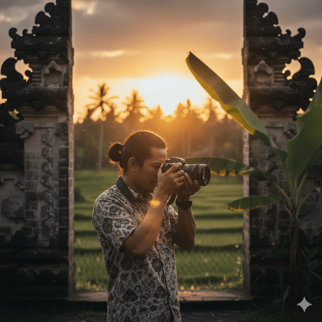 Brand — About Us — Elegant behind-the-scenes photo of photographer adjusting camera lens during golden hour